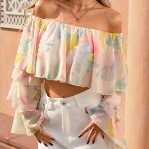 Multicolor Boho Women's Elegant Off-Shoulder Flared Long Sleeve Print Blouse